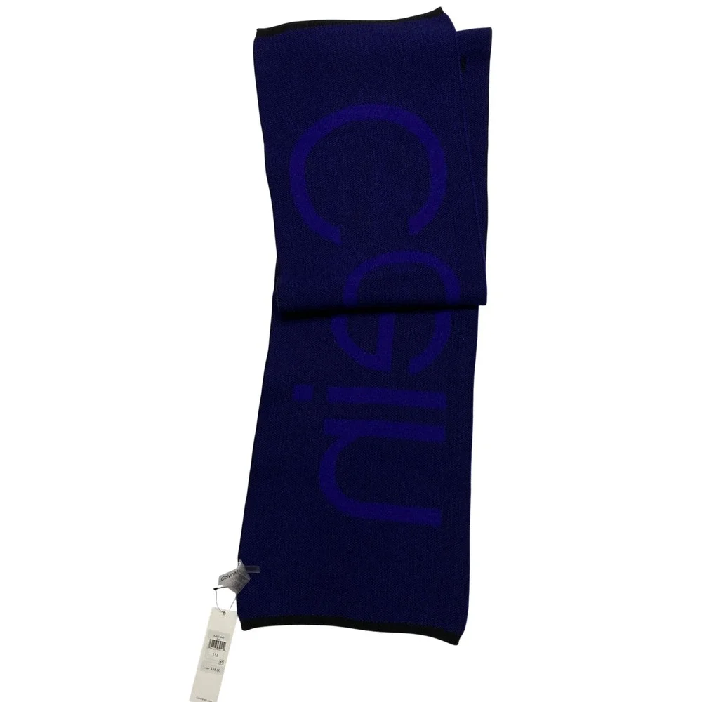 Calvin Klein Royal Blue Knit Scarf Black Bold Logo Unisex Winter Accessory NWT